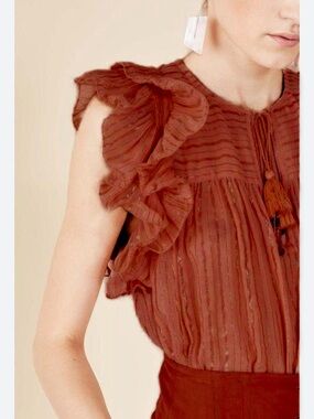 Ulla Johnson Cora Blouse Metallic Stripe Rust Ruffle Sleeve Boho Top Size 6